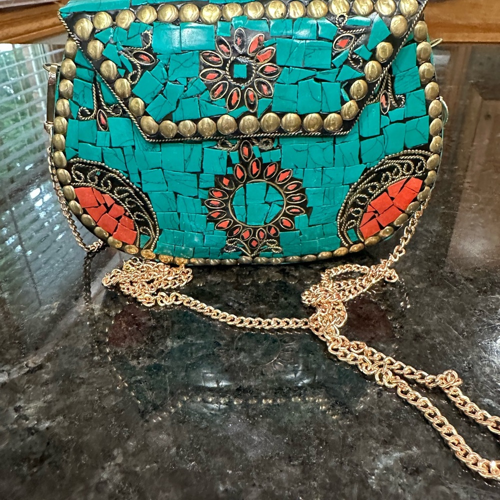 Ramla Turquoise and Gold Mosaic Crossbody Bag